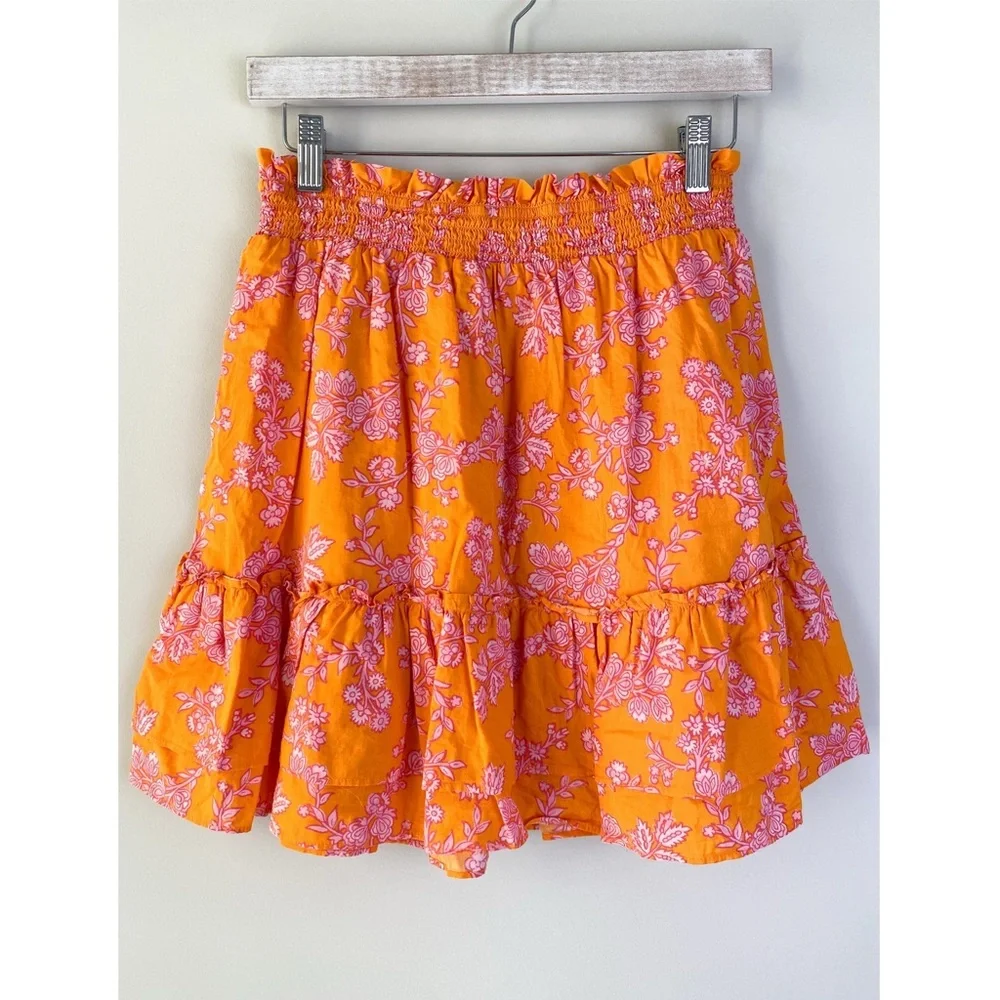 J Crew Ruffle Smocked Waist Mini Skirt‎ Sleeveless Button Up Blouse Set S Orange - Picture 10 of 16